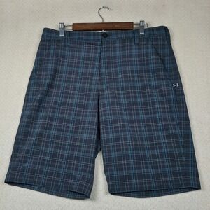 Under Armour Mens Golf Shorts‎ 36 Gray Blue Plaid Flat Front Athletic Stretch